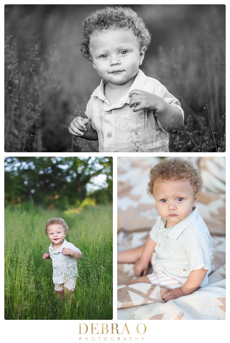 Portraits of one year old boy in field 